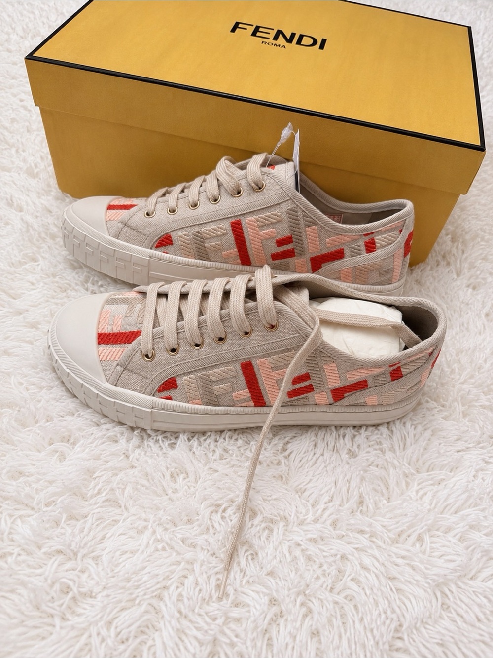 Fendi Beige Canvas Sneakers with Red Logo Details